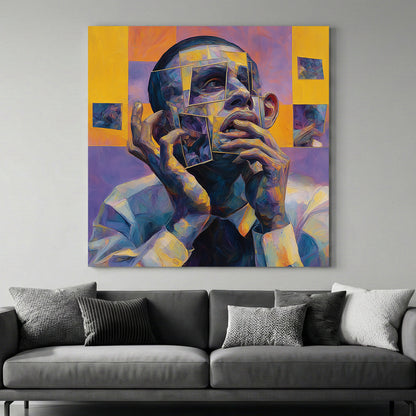 Cubist Man Portrait Abstract canvas wall art print above a sofa in a contemporary living room