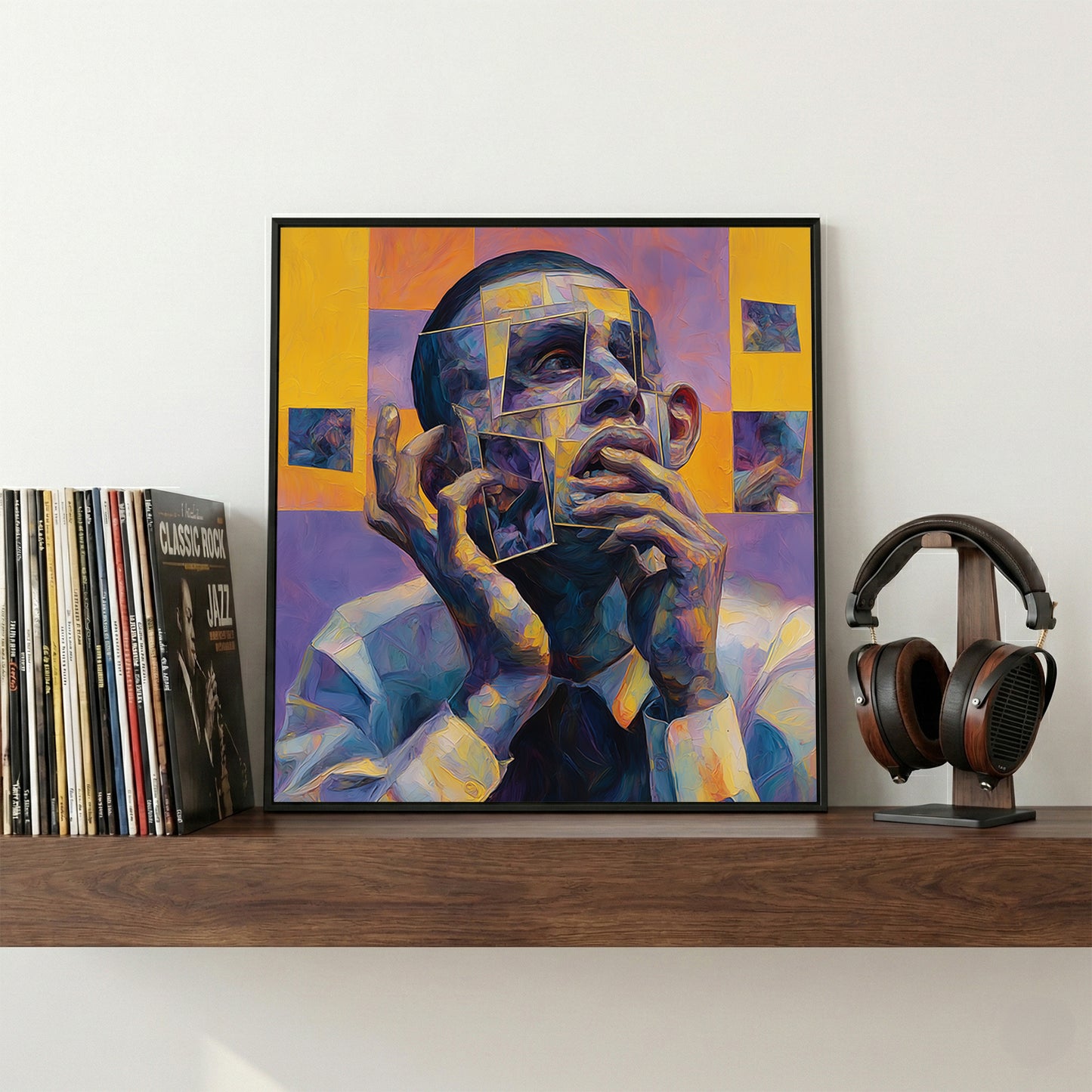 Cubist Man Portrait Abstract framed canvas wall art print in a gallery-style display