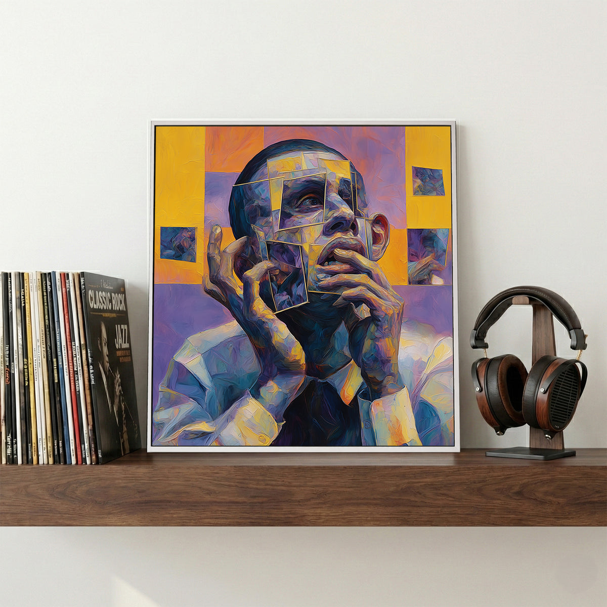 Cubist Man Portrait Abstract canvas wall art print displayed in a styled living room