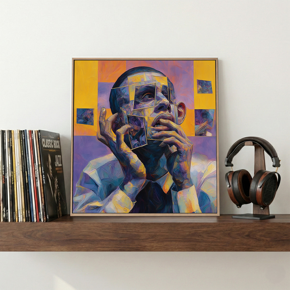 Cubist Man Portrait Abstract canvas wall art print displayed in a styled living room