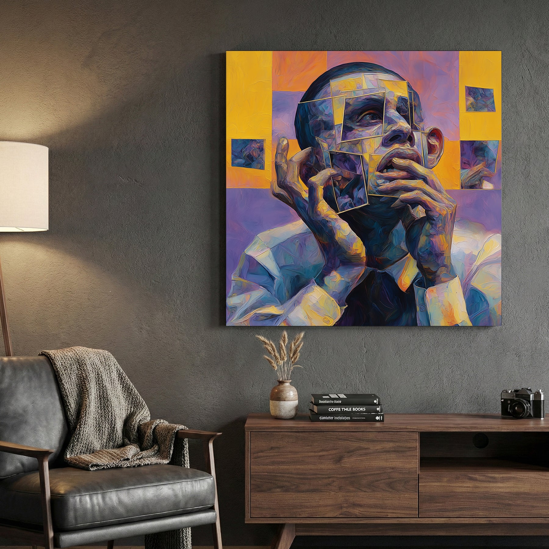 Cubist Man Portrait Abstract canvas wall art print displayed in a styled living room