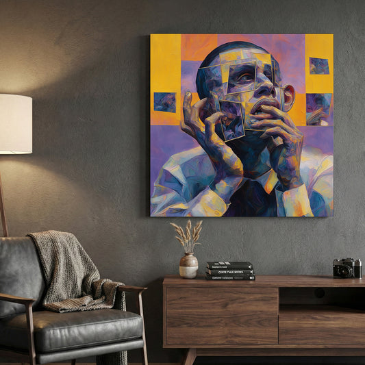 Cubist Man Portrait Abstract canvas wall art print displayed in a styled living room