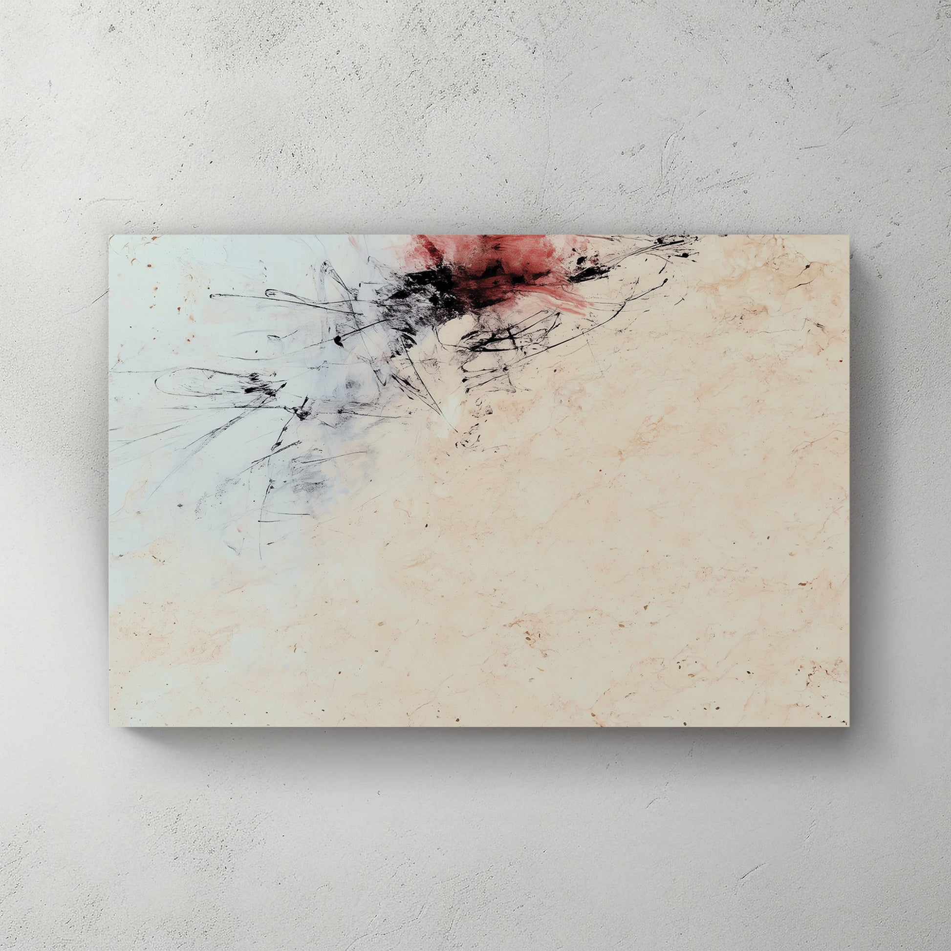 Minimalist abstract; red and black ink splash on cream; sparse composition; Japanese feel — canvas wall art print