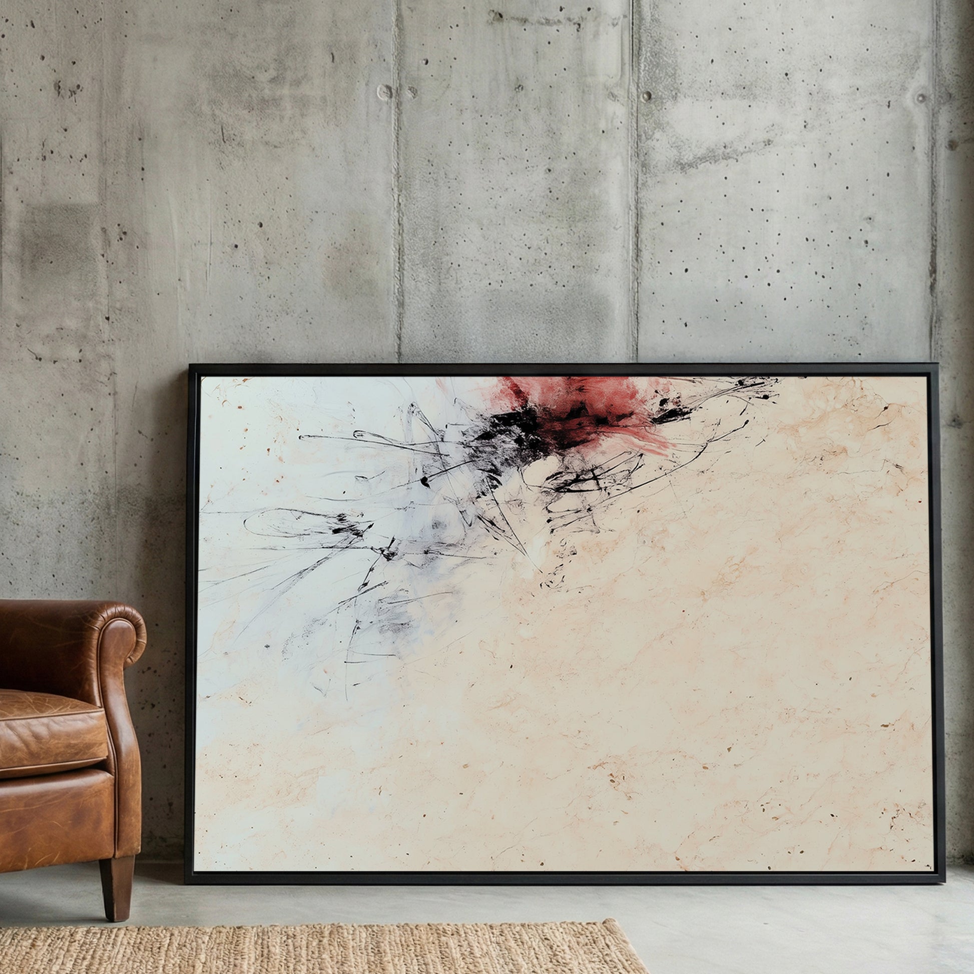 Red and Black Minimalist Abstract framed canvas wall art print in a gallery-style display