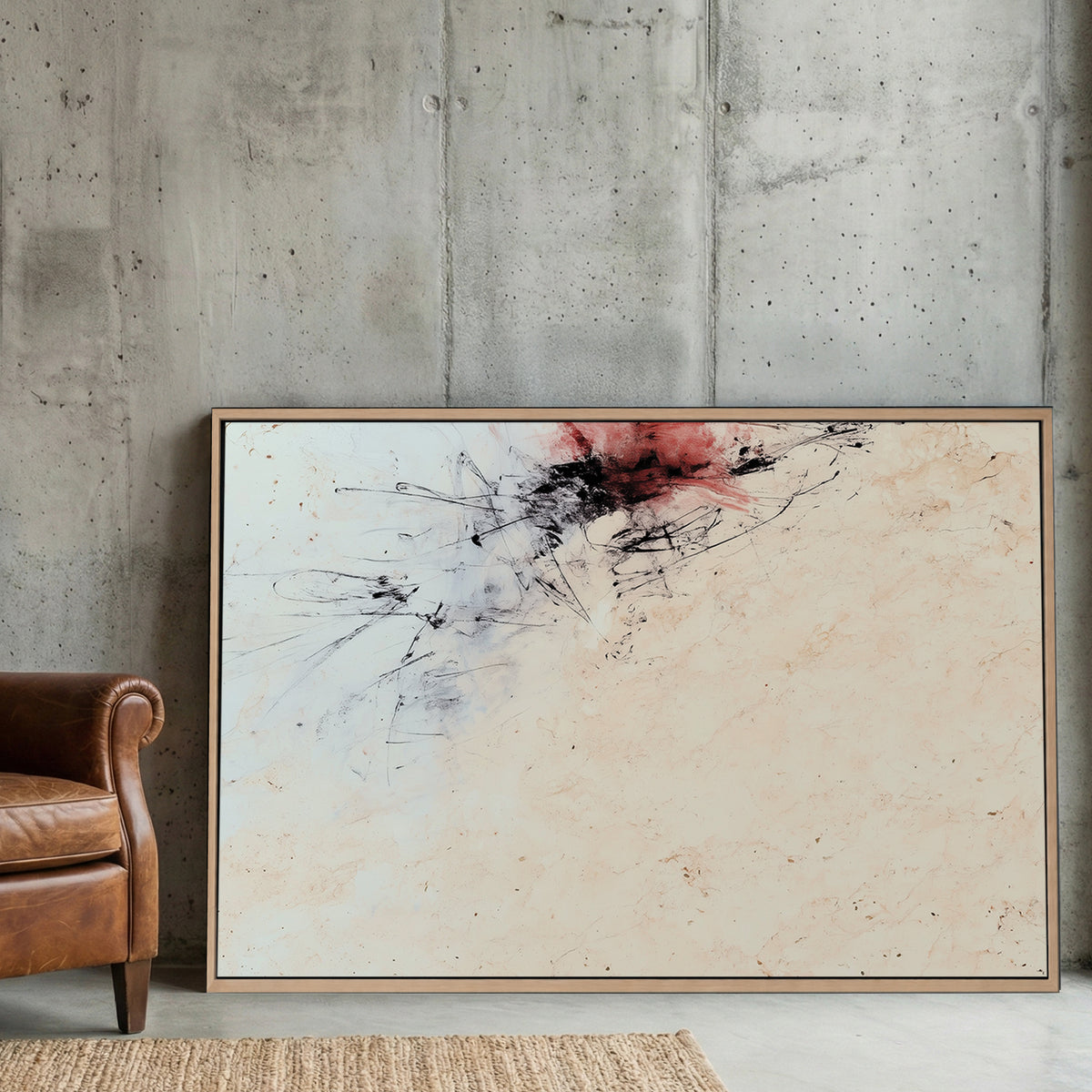 Red and Black Minimalist Abstract canvas wall art print displayed in a styled living room