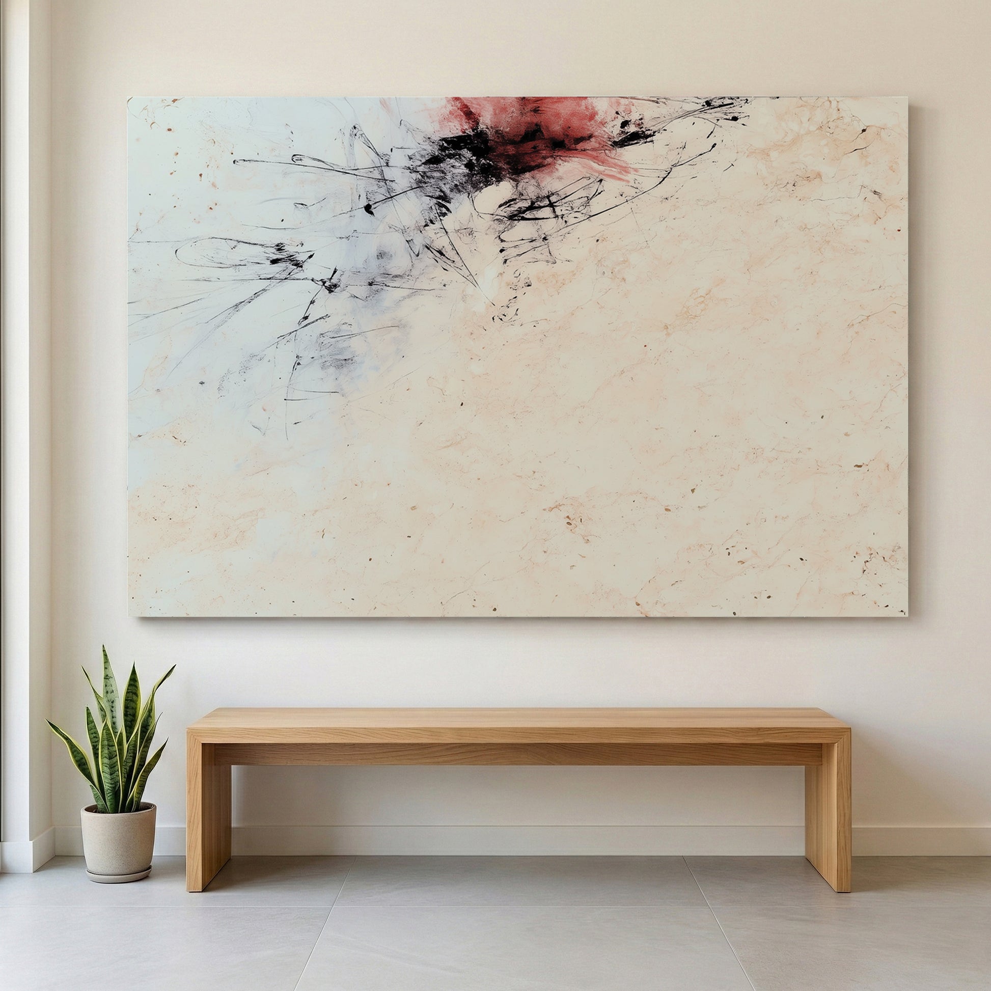Red and Black Minimalist Abstract canvas wall art print displayed in a styled living room