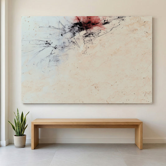 Red and Black Minimalist Abstract canvas wall art print displayed in a styled living room
