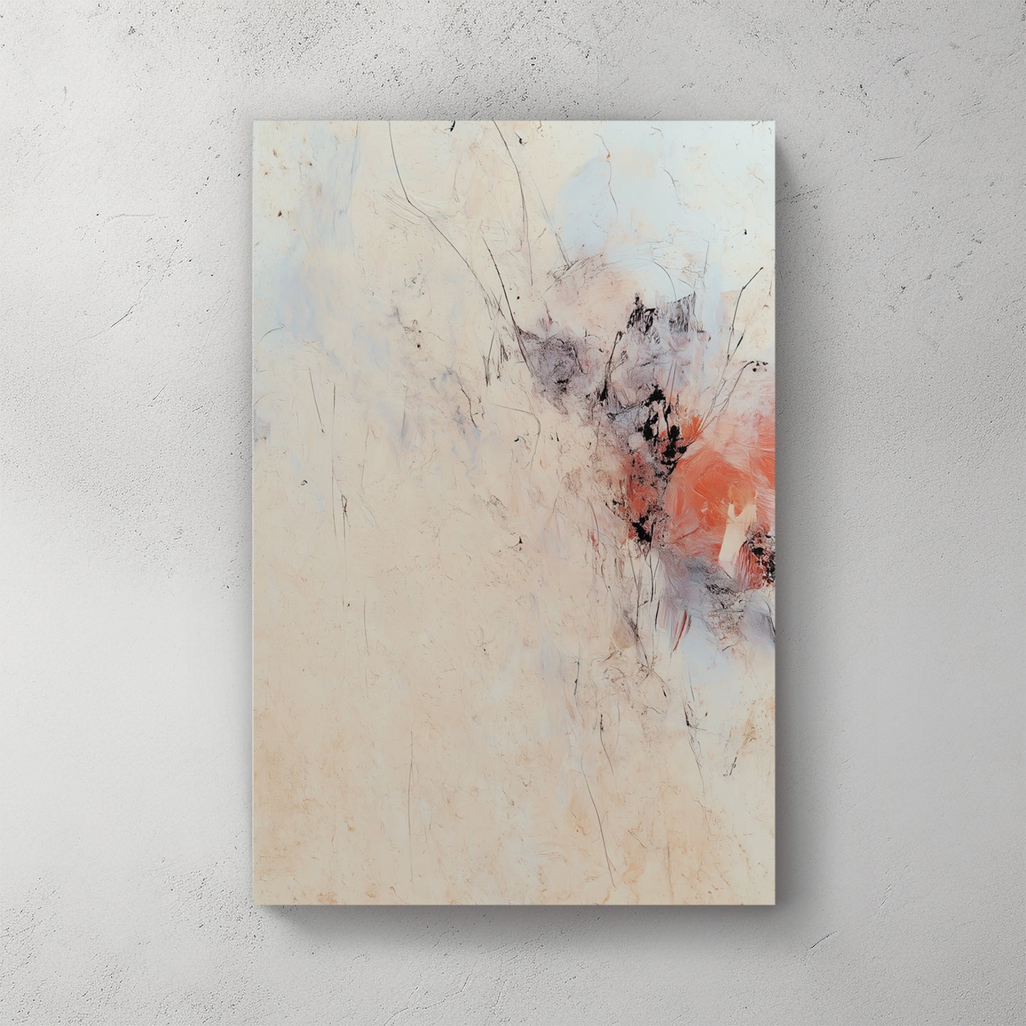 Beige minimalist abstract with sparse blue charcoal scratches and a single coral red bloom — canvas wall art print