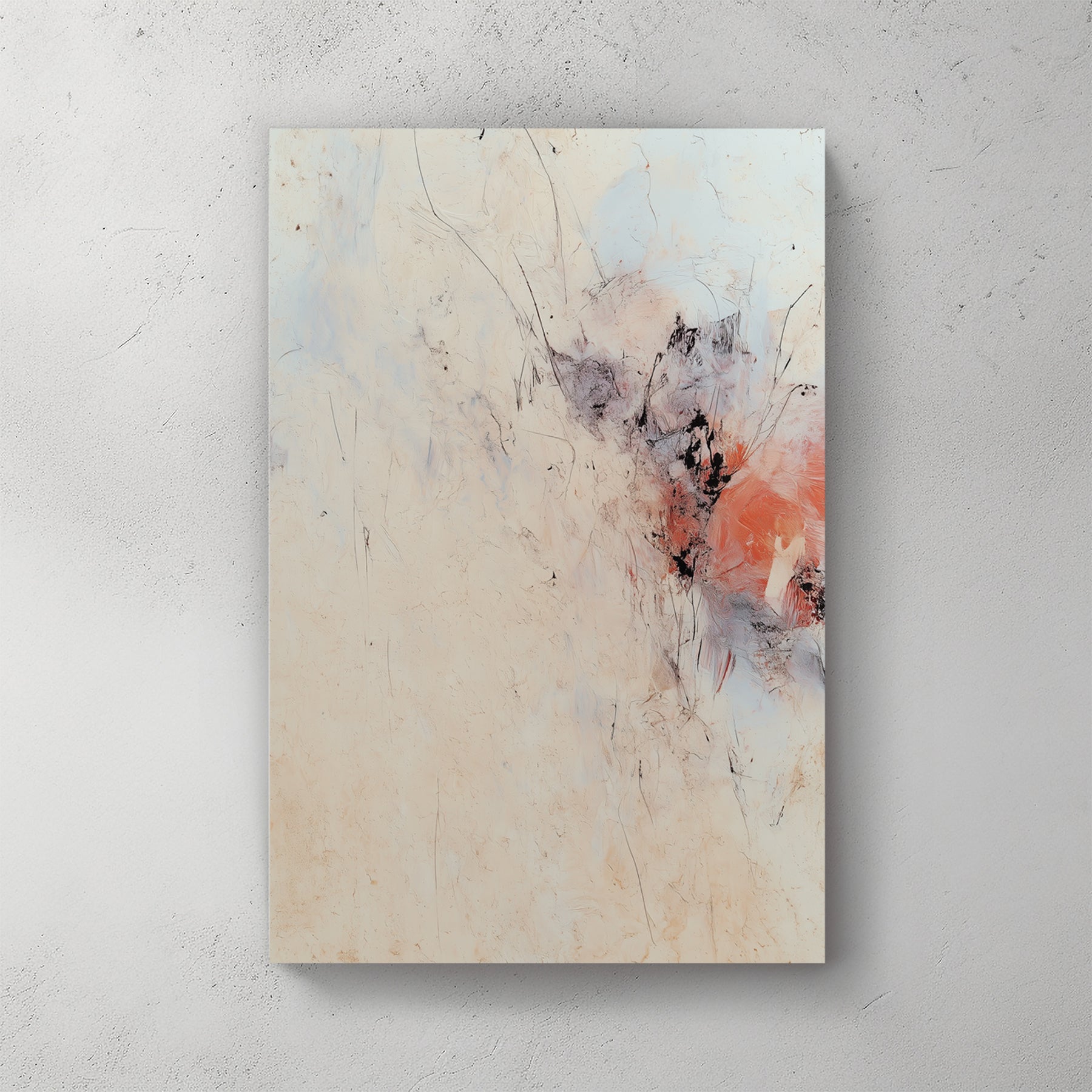 Beige minimalist abstract with sparse blue charcoal scratches and a single coral red bloom — canvas wall art print