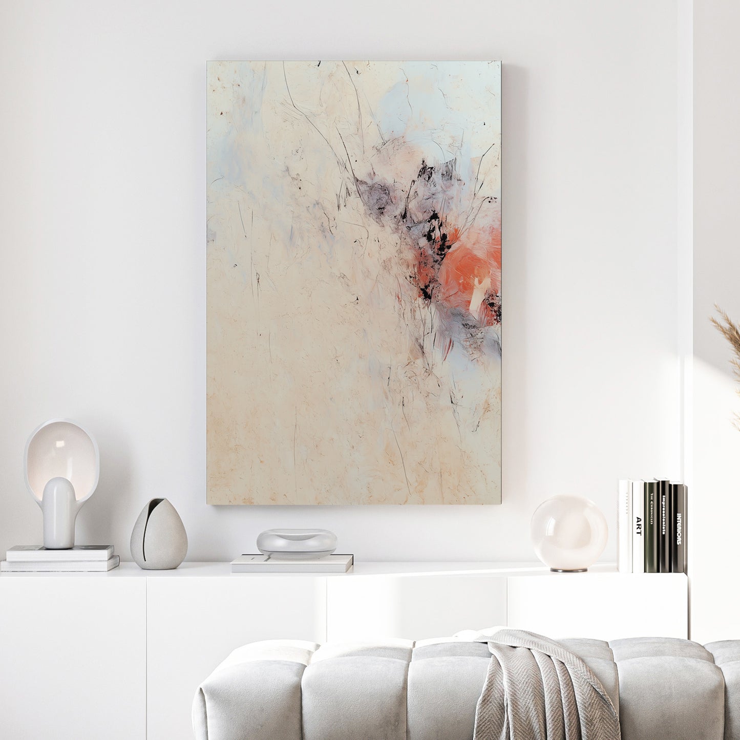 Beige Minimalist Abstract canvas wall art print above a sofa in a contemporary living room