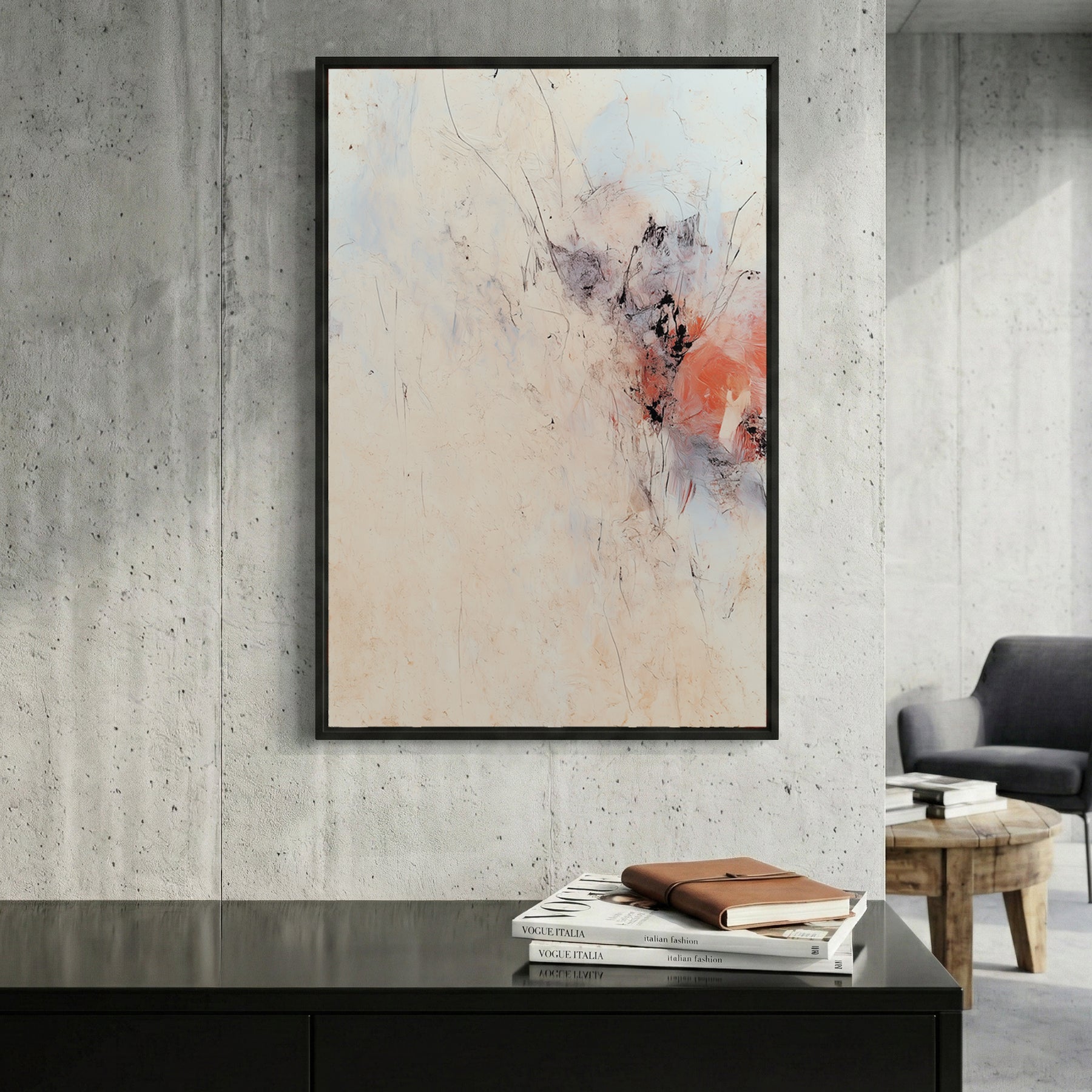 Beige Minimalist Abstract framed canvas wall art print in a gallery-style display