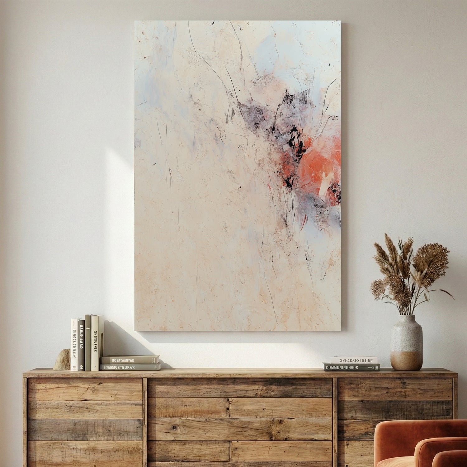 Beige Minimalist Abstract canvas wall art print displayed in a styled living room