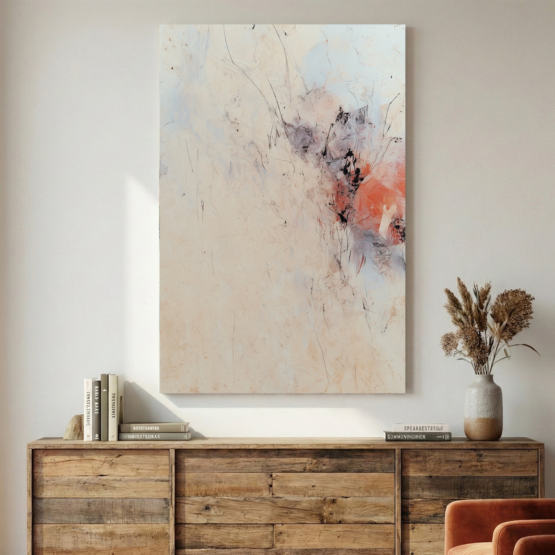 Beige Minimalist Abstract canvas wall art print displayed in a styled living room