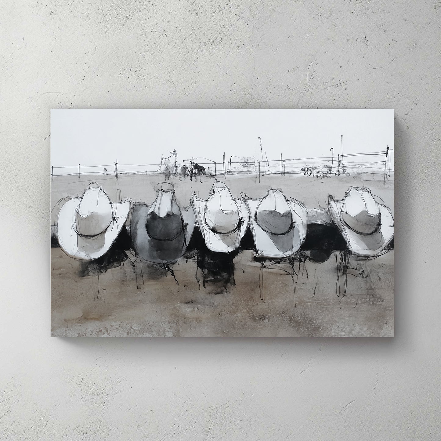 Five cowboy hats on figures from behind, leaning on white ranch fence, neutral tones, vintage feel — canvas wall art print