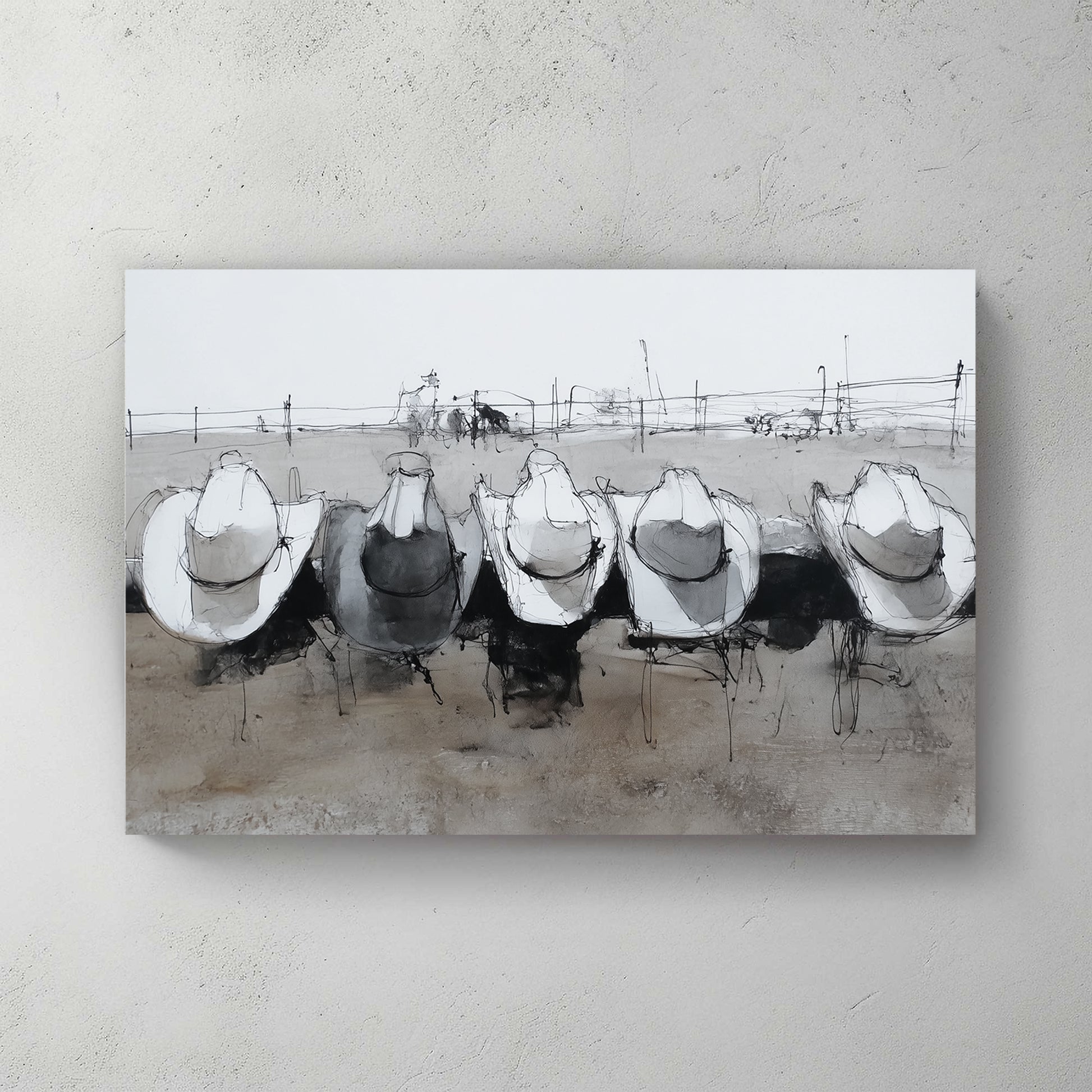 Five cowboy hats on figures from behind, leaning on white ranch fence, neutral tones, vintage feel — canvas wall art print