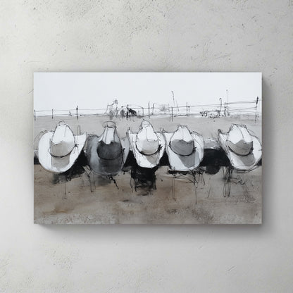 Five cowboy hats on figures from behind, leaning on white ranch fence, neutral tones, vintage feel — canvas wall art print