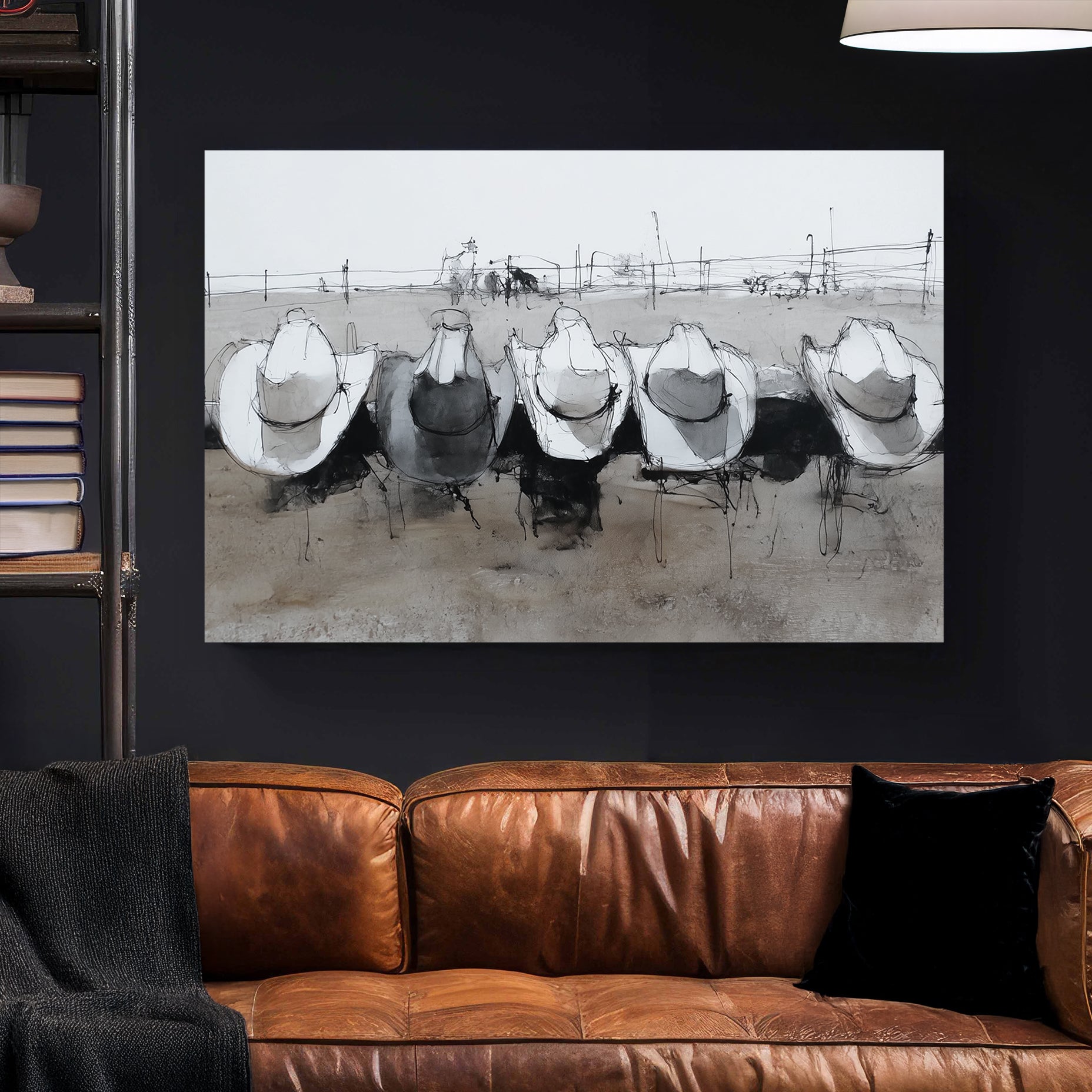 Cowboy Hats on Ranch Fence canvas wall art print styled in a modern interior
