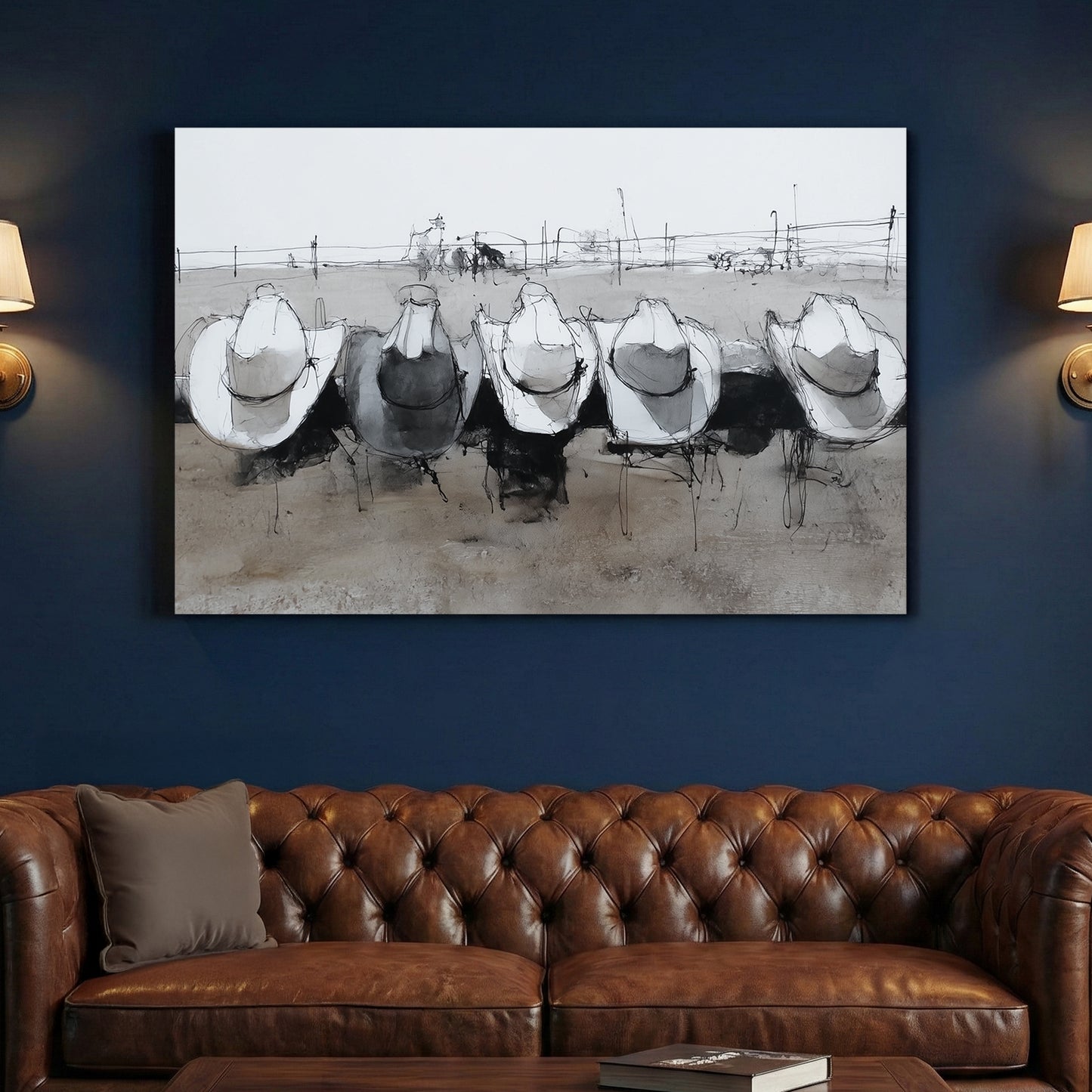 Cowboy Hats on Ranch Fence canvas wall art print above a sofa in a contemporary living room