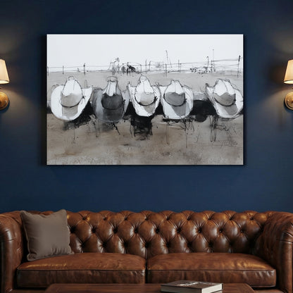 Cowboy Hats on Ranch Fence canvas wall art print above a sofa in a contemporary living room