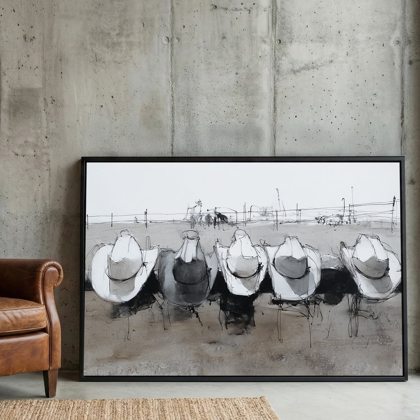 Cowboy Hats on Ranch Fence framed canvas wall art print in a gallery-style display