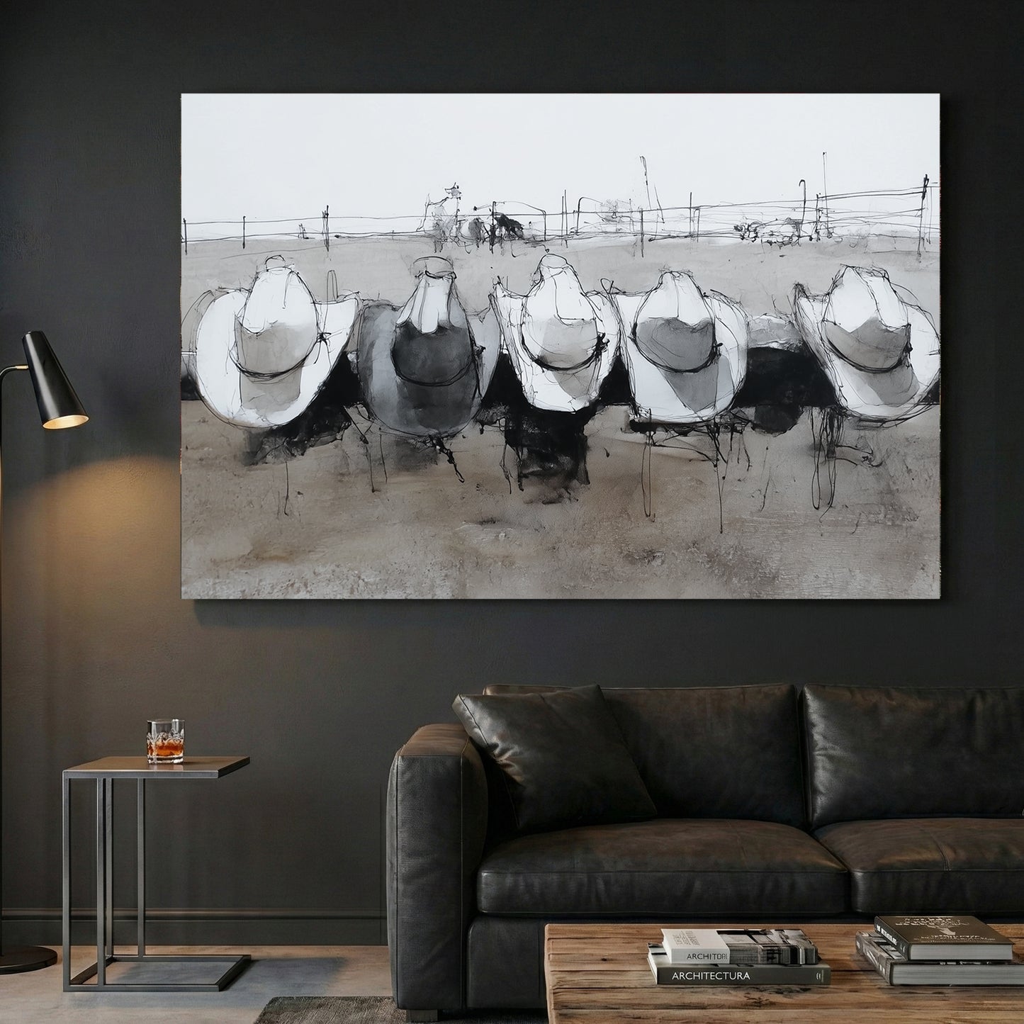 Cowboy Hats on Ranch Fence canvas wall art print displayed in a styled living room