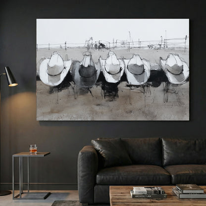 Cowboy Hats on Ranch Fence canvas wall art print displayed in a styled living room
