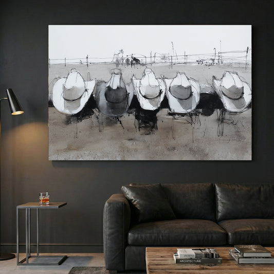 Cowboy Hats on Ranch Fence canvas wall art print displayed in a styled living room