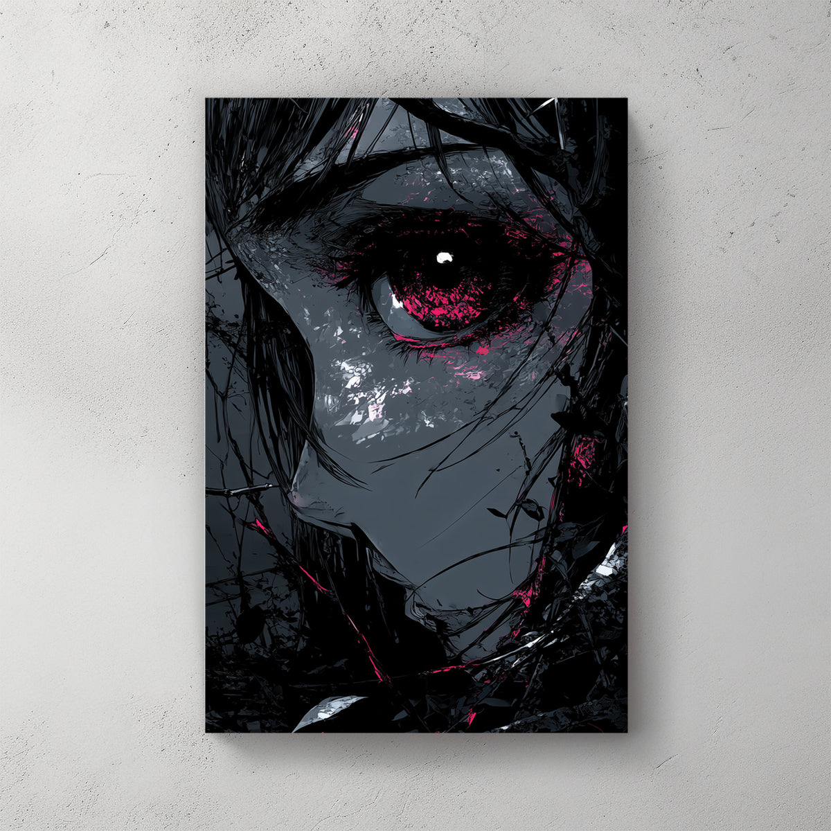 Dark anime girl portrait, single glowing red eye, black hair obscuring face, gothic dark moody, splash effects — canvas wall art print