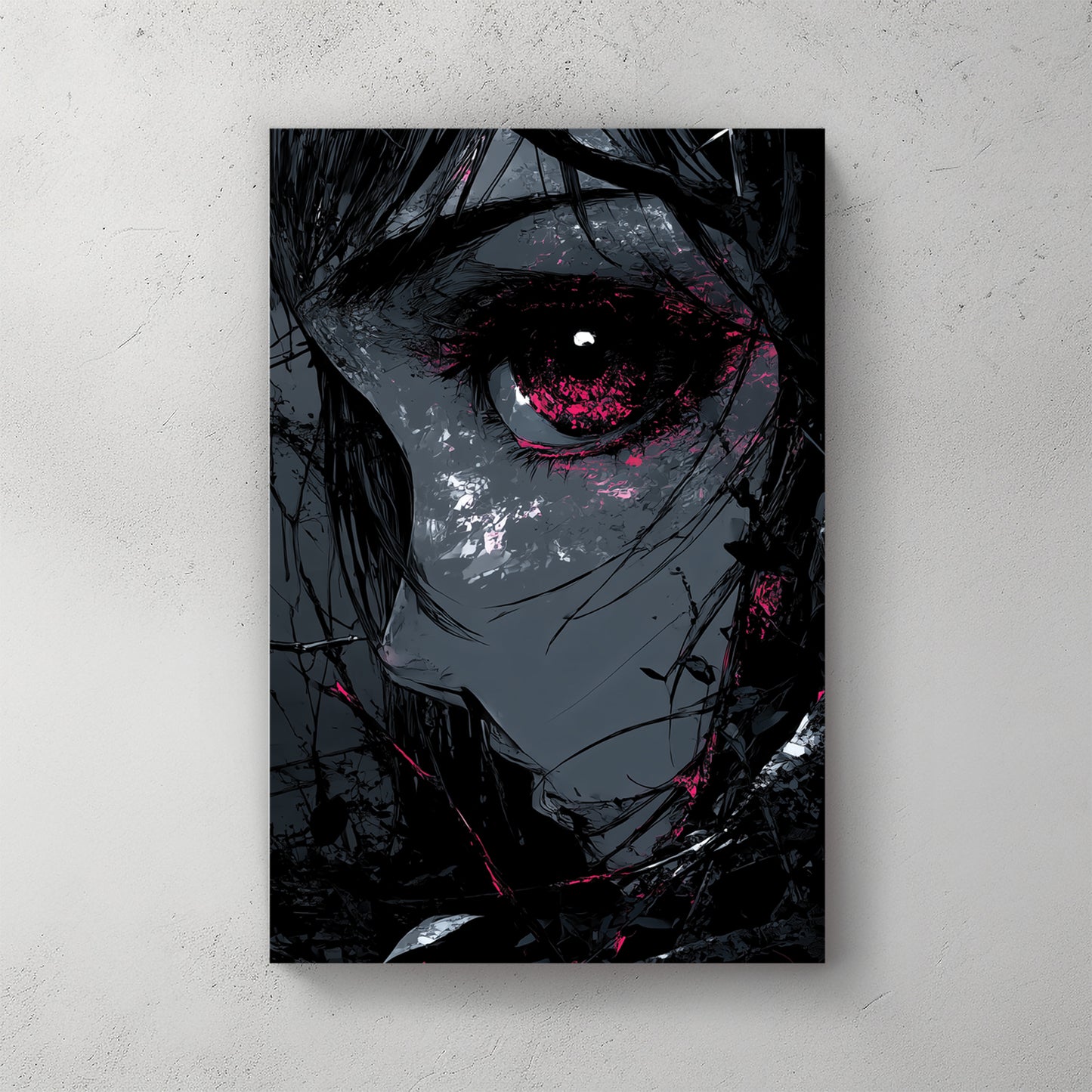 Dark anime girl portrait, single glowing red eye, black hair obscuring face, gothic dark moody, splash effects — canvas wall art print