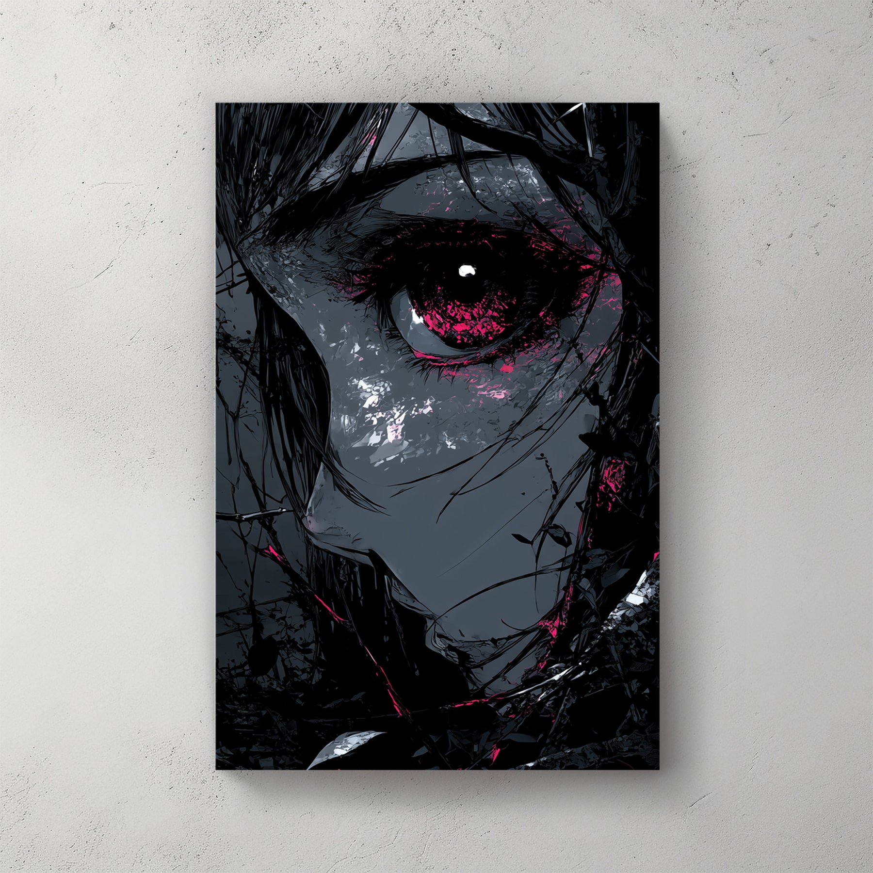 Dark anime girl portrait, single glowing red eye, black hair obscuring face, gothic dark moody, splash effects — canvas wall art print
