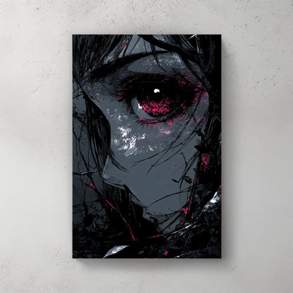Dark anime girl portrait, single glowing red eye, black hair obscuring face, gothic dark moody, splash effects — canvas wall art print
