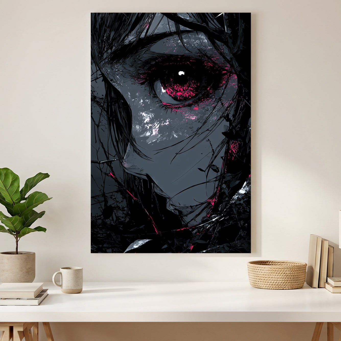 Dark Anime Girl Red Eye Anime canvas wall art print styled in a modern interior