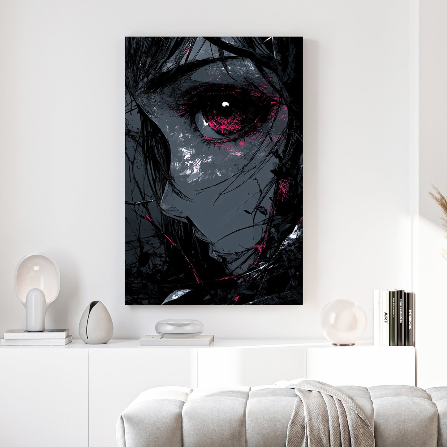 Dark Anime Girl Red Eye Anime canvas wall art print above a sofa in a contemporary living room