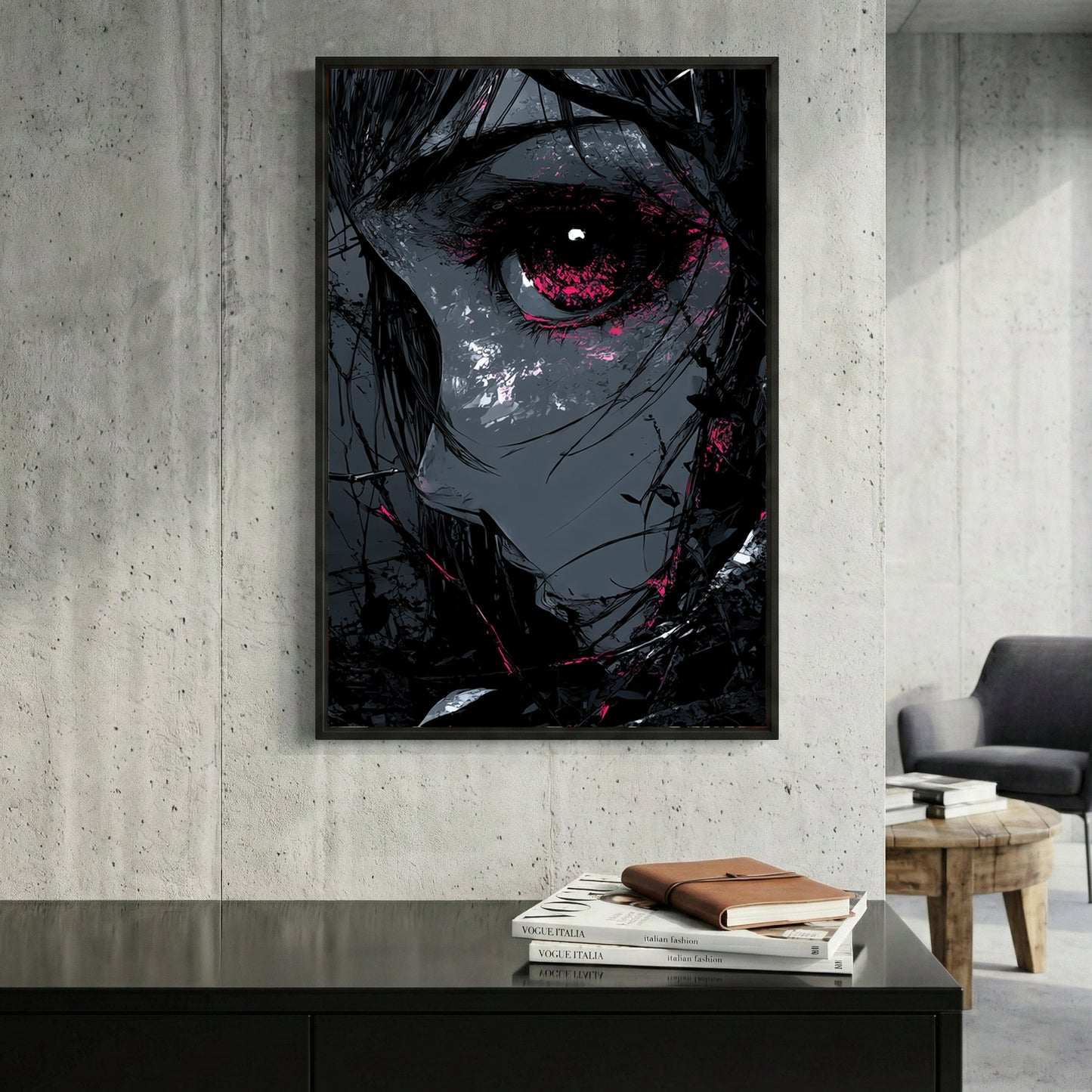 Dark Anime Girl Red Eye Anime framed canvas wall art print in a gallery-style display