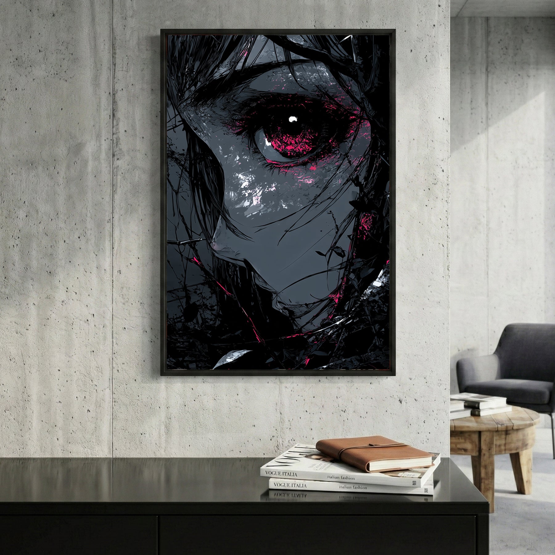 Dark Anime Girl Red Eye Anime framed canvas wall art print in a gallery-style display