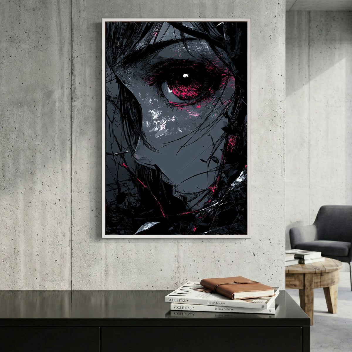 Dark Anime Girl Red Eye Anime canvas wall art print displayed in a styled living room