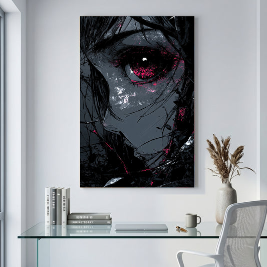 Dark Anime Girl Red Eye Anime canvas wall art print displayed in a styled living room