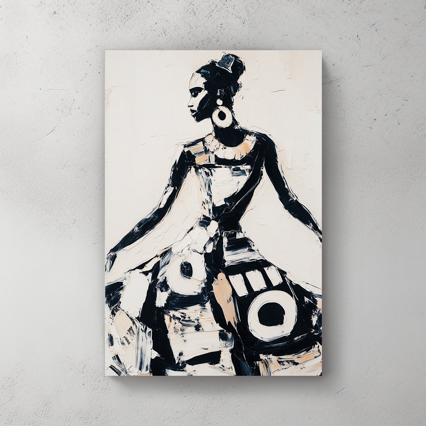 African woman in traditional dress; bold black & white brushstrokes; circular pattern motifs — canvas wall art print