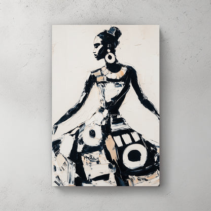 African woman in traditional dress; bold black & white brushstrokes; circular pattern motifs — canvas wall art print