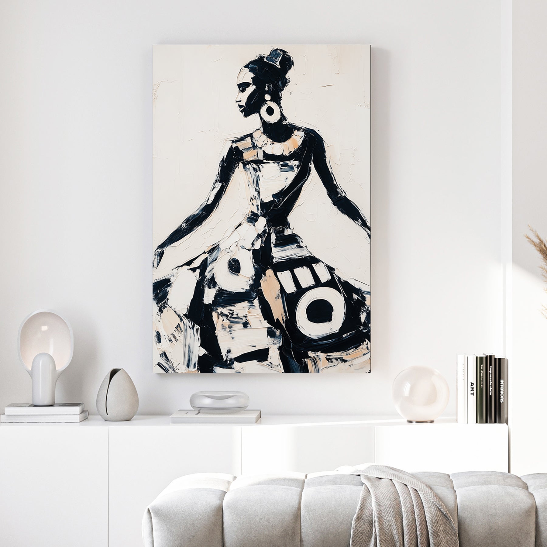 African Woman Traditional Dress Painting canvas wall art print above a sofa in a contemporary living room