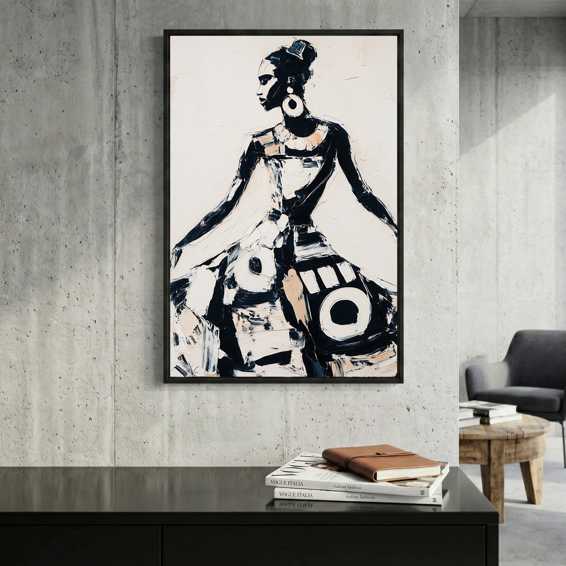 African Woman Traditional Dress Painting framed canvas wall art print in a gallery-style display