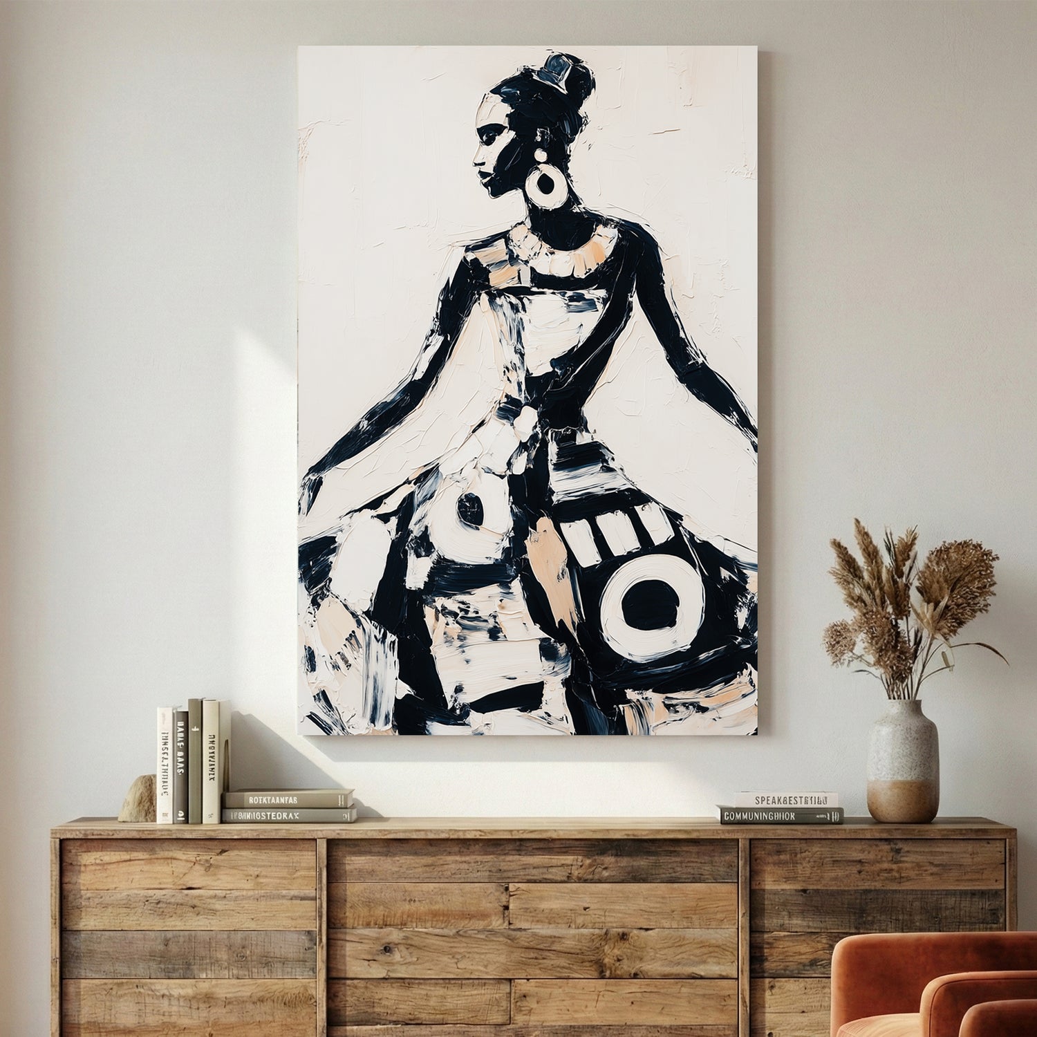 African Woman Traditional Dress Painting canvas wall art print displayed in a styled living room