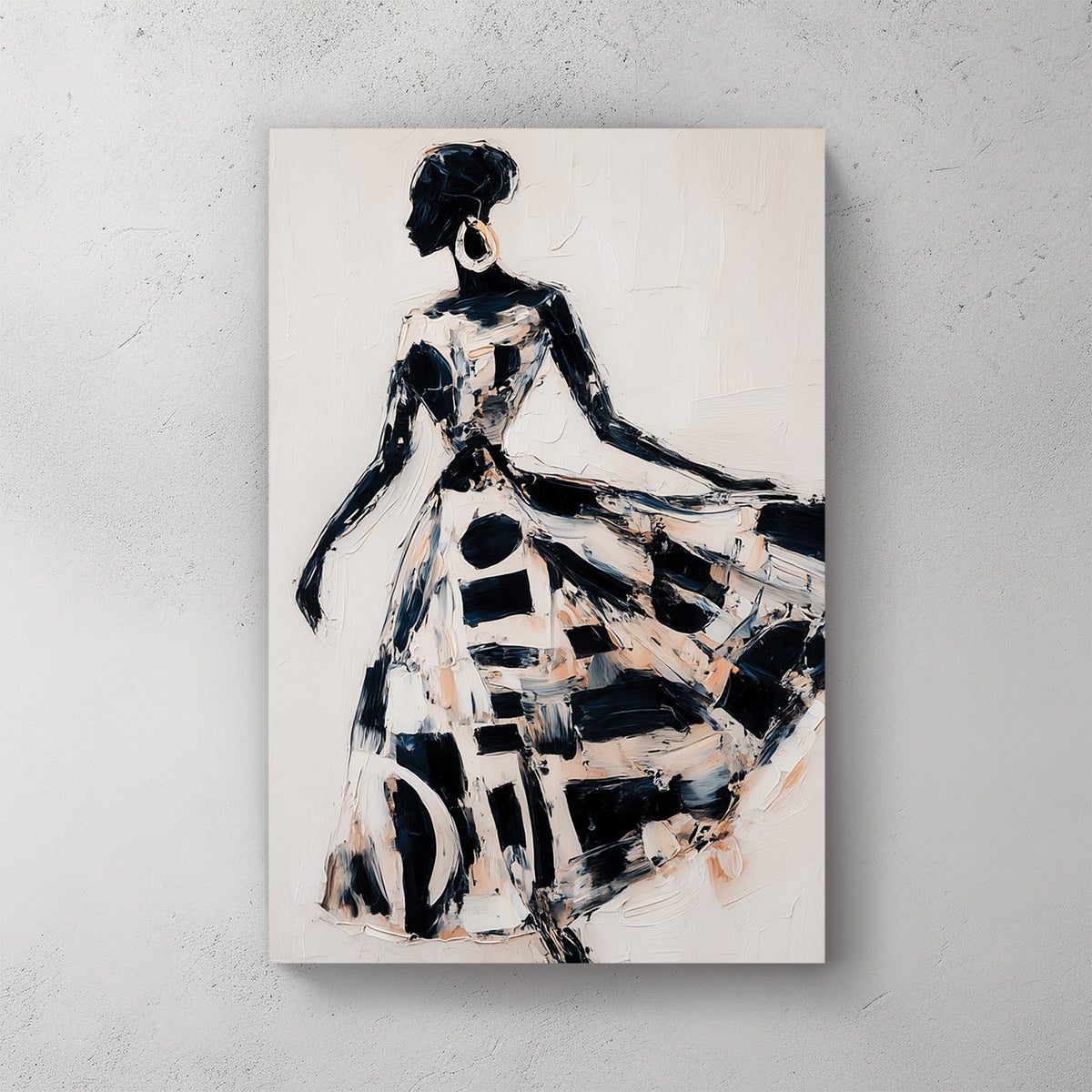 Woman from behind in flowing black and white patterned dress, expressive brushwork, neutral background — canvas wall art print