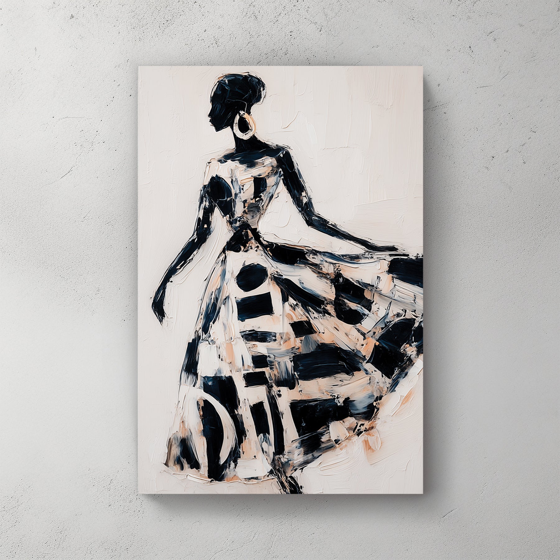 Woman from behind in flowing black and white patterned dress, expressive brushwork, neutral background — canvas wall art print