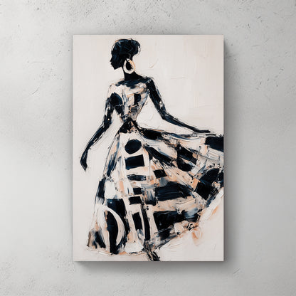 Woman from behind in flowing black and white patterned dress, expressive brushwork, neutral background — canvas wall art print