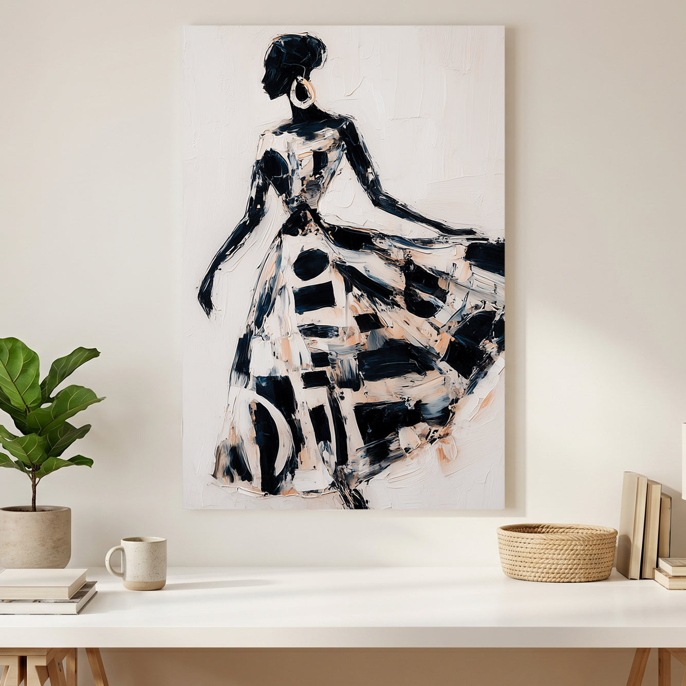 Woman in Flowing Dress Black White Painting canvas wall art print styled in a modern interior