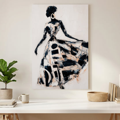 Woman in Flowing Dress Black White Painting canvas wall art print styled in a modern interior