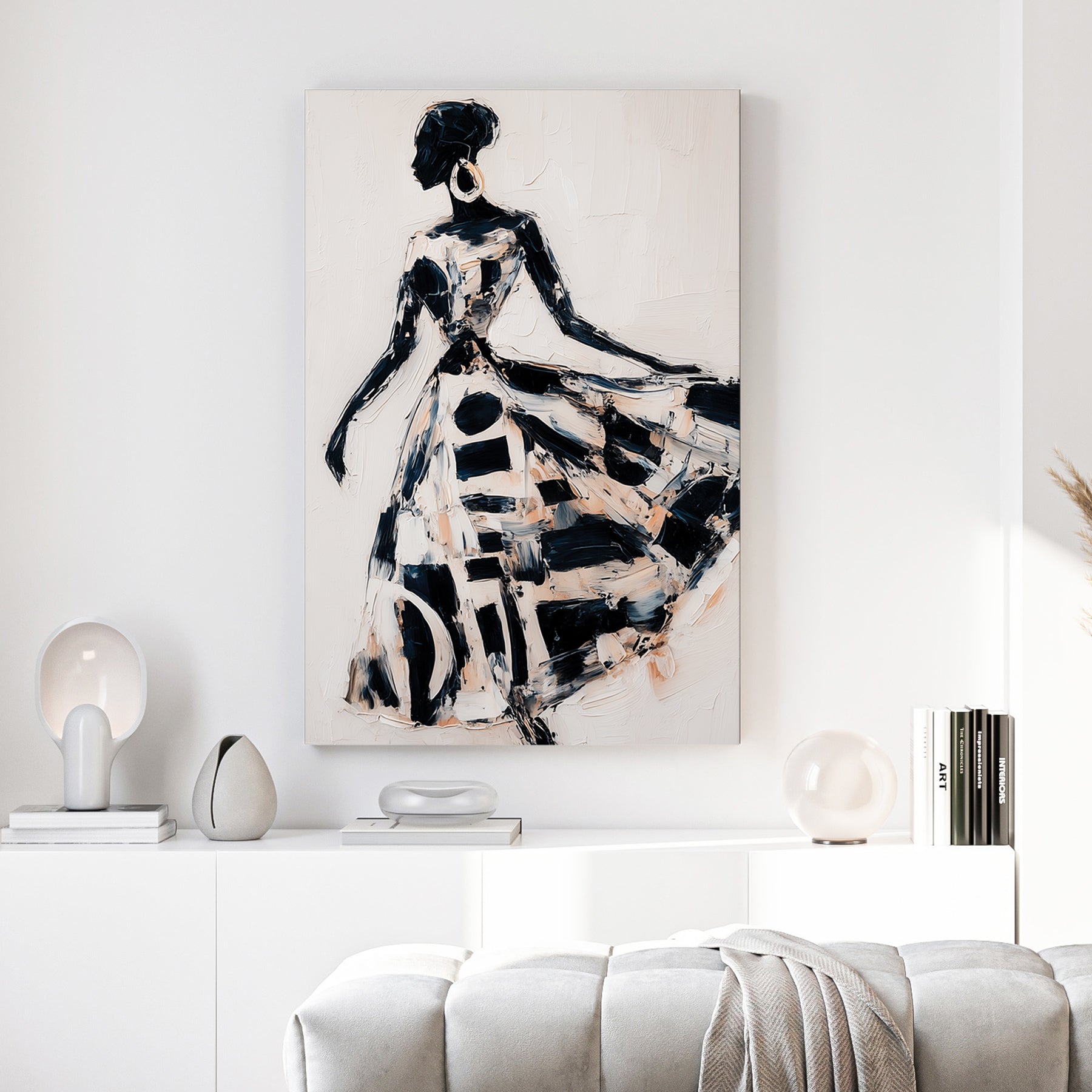 Woman in Flowing Dress Black White Painting canvas wall art print above a sofa in a contemporary living room