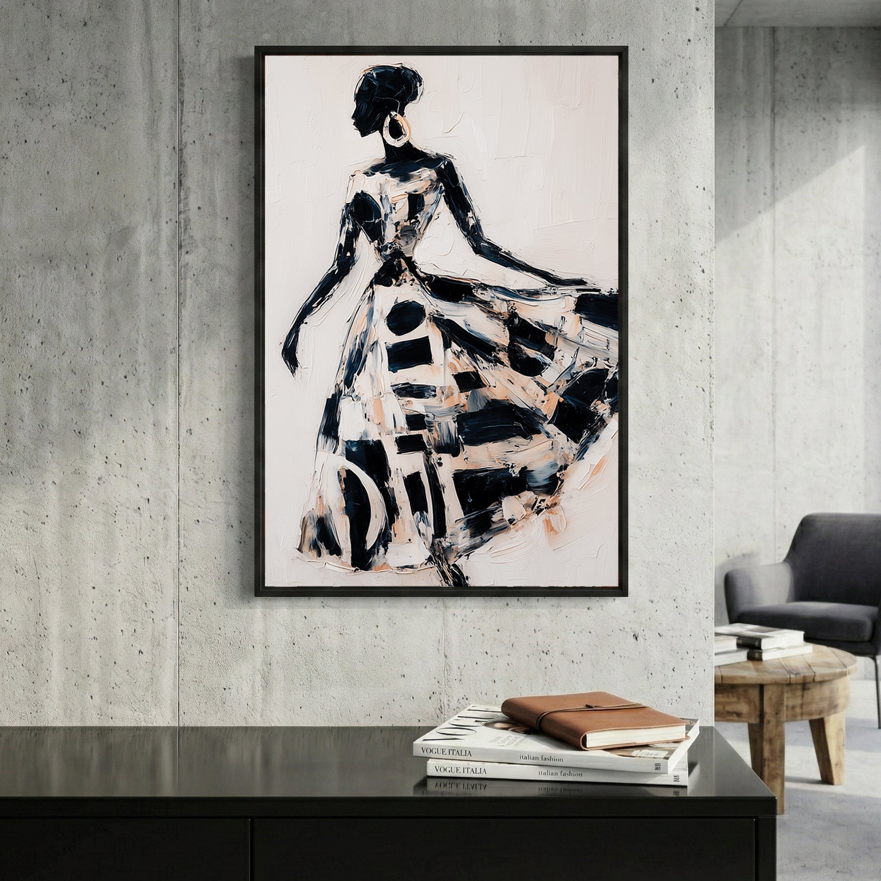 Woman in Flowing Dress Black White Painting framed canvas wall art print in a gallery-style display