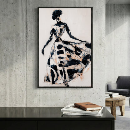 Woman in Flowing Dress Black White Painting framed canvas wall art print in a gallery-style display